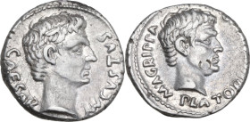 Augustus (27 BC - 14 AD) with Agrippa. AR Denarius, 13 BC. C. Sulpicius Platorinus moneyer. Obv. CAESAR AVGVSTVS. Bare head of Augustus right. Rev. M ...