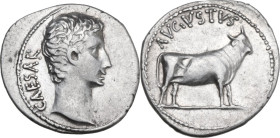 Augustus (27 BC - 14 AD). AR Denarius, 21-20 BC. Obv. CAESAR. Bare head right. Rev. AVGVSTVS. Young bull standing right, head erect. RIC I (2nd ed.) 4...