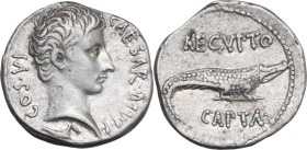 Augustus (27 BC - 14 AD). AR Denarius, 28 BC. Uncertain mint (Pergamum ?). Obv. CAESAR DIVI F COS VI. Bare head right, small capricorn below. Rev. Cro...