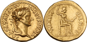 Tiberius (14-37). AV Aureus 'Tribute Penny' type. Lugdunum mint, 36-37 AD. Obv. TI CAESAR DIVI AVG F AVGVSTVS. Laureate head right. Rev. PONTIF MΛXIM....