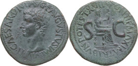 Tiberius (14-37). AE As, 15-16 AD. Obv. TI CAESAR DIVI AVG F AVGVST IMP VII. Bare head left. Rev. PONTIF MAXIM TRIBVN POTEST XVII SC. Livia seated rig...