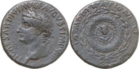 Tiberius (14-37). AE Dupondius, 16-22 AD. Obv. TI CAESAR DIVI AVG F AVGVST IMP VIII. Laureate bust left. Rev. MODERATIONI above, S C across field, sma...