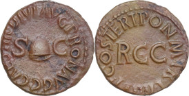 Gaius (Caligula) (37-41). AE Quadrans, 40-41. Obv. C CAESAR DIVI AVG PRON G. Pileus flanked by S C. Rev. PON M TR P IIII P P COS TERT. Legend surround...