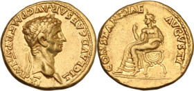 Claudius (41-54). AV Aureus, Rome mint, c. 46-47 AD. Obv. TI CLAVD CAESAR AVG PM TR P VI IMP XI. Laureate head right. Rev. CONSTANTIAE AVGVSTI. Consta...