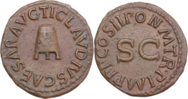 Claudius (41-54). AE Quadrans, 41-54 AD. Obv. TI CLAVDIVS CAESAR AVG. Modius on three legs. Rev. PON M TR P IMP P P COS II. Legend surrounding S C. RI...