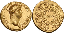 Nero (54-68). AV Aureus, Rome mint. Struck 59-60 AD. Obv. NERO • CAESAR • AVG • IMP. Bare head right. Rev. PONTIF•MAX•TR•P•VI•COS•IIII•P•P• around oak...