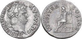 Nero (54-68). AR Denarius, Rome mint, 64-65. Obv. NERO CAESAR AVGVSTVS. Laureate head right. Rev. IVPPITER CVSTOS. Jupiter, bare to waist, cloak round...