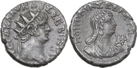 Nero (54-68) with Poppaea. BI Tetradrachm. Alexandria mint (Egypt). Dated RY 11 (AD 64/5). Obv. ΝΕΡΩ ΚΛΑΥ ΚΑΙ ΣΕΒ ΓΕΡ AY. Radiate head of Nero right, ...