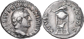 Vitellius (69 AD). AR Denarius. Rome mint. Struck late April-20 December 69 AD. Obv. A VITELLIVS GERM IMP AVG TR P. Bare head right. Rev. XV VIR SACR ...