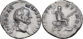 Vespasian (69-79). AR Denarius, Rome mint, 73 AD. Obv. IMP CAES VESP AVG CENS. Laureate head right. Rev. PONTIF MAXIM. Vespasian, togate, seated right...