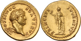 Domitian as Caesar (69-81). AV Aureus, Rome mint, 75 AD. Obv. CAES AVG F DOMIT COS III. Laureate head right. Rev. PRINCEPS IVVENTVT. Spes advancing le...