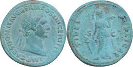 Domitian (81-96). AE As, Rome mint, 87 AD. Obv. IMP CAES DOMIT AVG GERM COS XIII CENS PER P P. Laureate head right. Rev. FIDEI PVBLICAE S C. Fides sta...