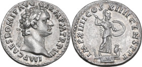 Domitian (81-96). AR Denarius, 88 AD. Obv. IMP CAES DOMIT AVG GERM PM TR P VII. Laureate head right. Rev. IMP XIIII COS XIIII CENS PPP. Minerva standi...