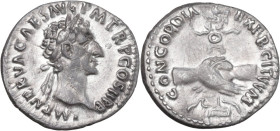 Nerva (96-98). AR Denarius, 96 AD. Obv. IMP NERVA CAES AVG PM TR P COS II PP. Laureate head right. Rev. CONCORDIA EXERCITVVM. Clasped hands, holding l...