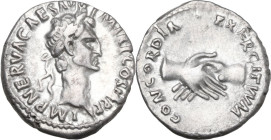 Nerva (96-98). AR Denarius, 97 AD. Obv. IMP NERVA CAES AVG P M TR P COS III P P. Laureate head right. Rev. CONCORDIA EXERCITVVM. Clasped hands. RIC II...