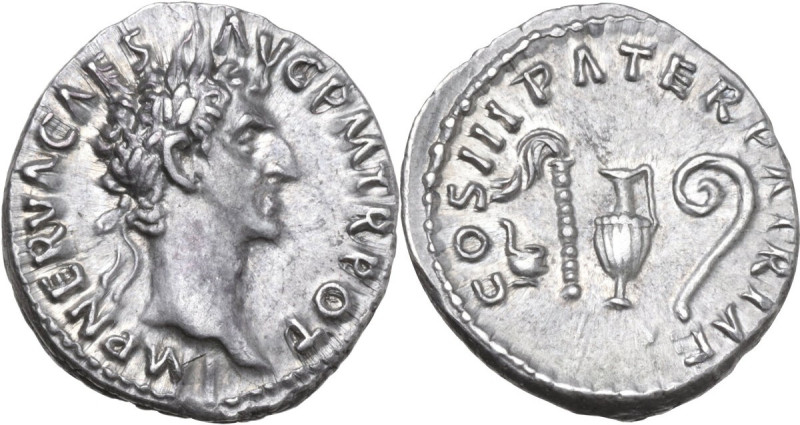 Nerva (96-98). AR Denarius, Rome mint, 97 AD. Obv. IMP NERVA CAES AVG P M TR POT...