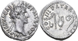 Nerva (96-98). AR Denarius, Rome mint, 97 AD. Obv. IMP NERVA CAES AVG P M TR POT. Laureate head right. Rev. COS III PATER PATRIAE. Simpulum, sprinkler...