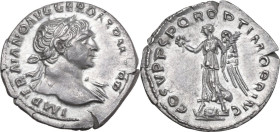 Trajan. Denarius, Rome mint, 108-109 AD. Obv. IMP TRAIANO AVG GER DAC P M TR P. Laureate bust right, slight drapery on left shoulder. Rev. COS V S P Q...