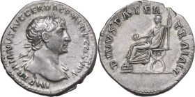 Trajan (98-117). AR Denarius, 112-114 AD. Obv. IMP TRAIANVS AVG GER DAC PM TR P COS VI P P. Laureate bust right, with slight drapery on left shoulder....