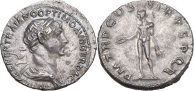 Trajan (98-117). AR Denarius, Rome mint, 114-117 AD. Obv. IMP CAES NER TRAIANO OPTIMO AVG GER DAC. Laureate and draped bust right. Rev. P M TR P COS V...