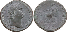 Trajan (98-117). AE Sestertius, Rome mint, 101-102 AD. Obv. IMP CAES NERVA TRAIAN AVG GERM P M. Laureate bust right, with drapery on far shoulder. Rev...