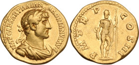 Hadrian (117-138). AV Aureus, Rome mint, c. 119-122 AD. Obv. IMP CAESAR TRAIAN HADRIANVS AVG. Laureate and cuirassed bust right. Rev. P M TR P COS III...