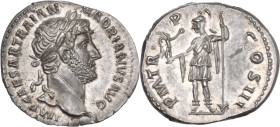 Hadrian (117-138). AR Denarius, Rome mint, 121-123. Obv. IMP CAESAR TRAIAN HADRIANVS AVG. Laureate head right. Rev. P M TR P COS III. Roma, helmeted, ...