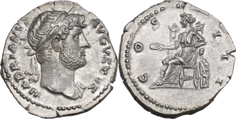 Hadrian (117-138). AR Denarius, 134-138 AD. Obv. HADRIANVS AVGVSTVS. Laureate bu...