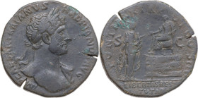 Hadrian (117-138). AE Sestertius, 119 AD. Obv. IMP CAESAR TRAIANVS HADRIANVS AVG. Laureate head right, with drapery on far shoulder. Rev. PONT MAX TR ...