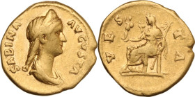 Sabina, wife of Hadrian (died 137 AD). AV Aureus, Rome mint, 129 AD. Obv. SABINA AVGVSTA. Diademed and draped bust right. Rev. VESTA. Vesta seated lef...