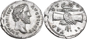 Antoninus Pius (138-161). AR Denarius, 139 AD. Obv. ANTONINVS AVG PIVS PP. Bare head right. Rev. TR POT COS II. Clasped hands holding winged caduceus ...