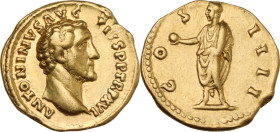 Antoninus Pius (138-161). AV Aureus, 152-153 AD. Obv. ANTONINVS AVG PIVS P P TR P XVI. Bare head right. Rev. COS IIII. Emperor standing left, togate, ...