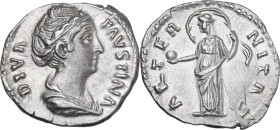 Diva Faustina I (died 141 AD). AR Denarius, Rome mint. Obv. DIVA FAVSTINA. Draped bust right. Rev. AETERNITAS. Providentia (?) standing left, veil blo...