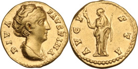 Diva Faustina I (died 141 AD). AV Aureus. Obv. DIVA FAVSTINA. Draped bust right, hair bound in pearls on top of head. Rev. AVGVSTA. Ceres, veiled, sta...