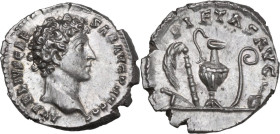 Marcus Aurelius as Caesar (139-161). AR Denarius, Rome mint, 140-144 AD. Obv. AVRELIVS CAESAR AVG PII F COS. Bare head right. Rev. PIETAS AVG. Knife, ...