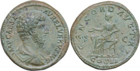 Lucius Verus (161-169). AE Sestertius, Rome mint, 161 AD. Obv. IMP CAES L AVREL VERVS AVG. Draped and cuirassed bust right. Rev. CONCORD AVG TR P, S C...