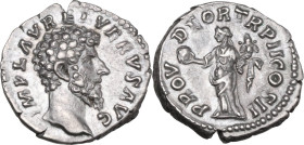 Lucius Verus (161-169). AR Denarius, 161-162 AD. Obv. IMP L AVREL VERVS AVG. Bare head right. Rev. PROV DEOR TR P II COS II. Providentia standing left...