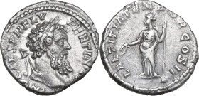 Pertinax (193 AD). AR Denarius. Obv. IMP CAES P HELV PERTIN AVG. Laureate head right. Rev. LAETITIA TEMPOR COS II. Laetitia, standing left, holding wr...