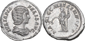 Julia Domna (died 217 AD.). AR Denarius, Rome mint, c. 211-215 AD. Obv. IVLIA PIA FELIX AVG. Draped bust right. Rev. MAT AVGG MAT SEN M PATR. Julia Do...