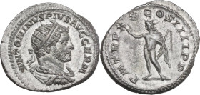 Caracalla (198-217). AR Antoninianus. Rome mint, 217 AD. Obv. ANTONINVS PIVS AVG GERM. Radiate, draped and cuirassed bust right. Rev. P M TR P XX COS ...