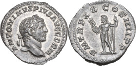 Caracalla (198-217). AR Denarius, Rome mint, 217 AD.. Obv. ANTONINVS PIVS AVG GERM. Laureate head right. Rev. P M TR P XX COS IIII P P. Jupiter standi...