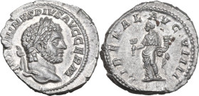 Caracalla (198-217). AR Denarius, Rome mint, 214 AD. Obv. ANTONINVS PIVS AVG GERM. Laureate head right. Rev. LIBERAL AVG VIIII. Liberalitas standing l...