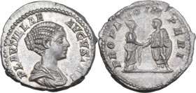 Plautilla (died 212 AD). AR Denarius, Rome mint, 202-205. Obv. PLAVTILLAE AVGVSTAE. Draped bust right, hair coiled in ridges, fastened in bun at back....