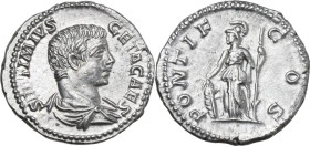 Geta as Caesar (198-209). AR Denarius, 202 AD. Obv. P SEPTIMIVS GETA CAES. Bare-headed and draped bust right. Rev. PONTIF COS. Minerva standing left, ...