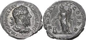 Macrinus (217-218). AR Denarius, December 217 AD. Obv. IMP C M OPEL SEV MACRINVS AVG. Laureate and draped bust right. Rev. PM TR P II COS PP. Annona s...