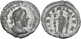 Macrinus (217-218). AR Denarius, Rome mint. Obv. IMP C M OPEL SEV MAC[RINV]S AVG. Laureate, draped and cuirassed bust right. Rev. FIDES MILITVM. Fides...