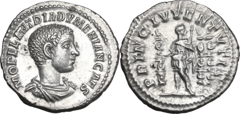 Diadumenian (218 AD). AR Denarius. Obv. M OPEL ANT DIADVMENIAN CAES. Bare-headed...