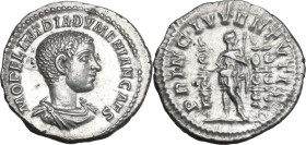 Diadumenian (218 AD). AR Denarius. Obv. M OPEL ANT DIADVMENIAN CAES. Bare-headed, draped and cuirassed bust right. Rev. PRINC IVVENTVTIS. Diadumenian ...