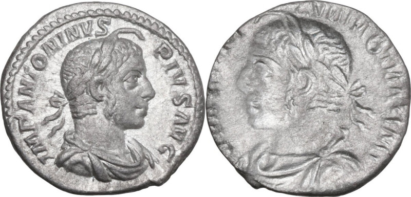 Elagabalus (218-222). Brockage AR Denarius, Rome mint. Obv. IMP ANTONINVS PIVS A...