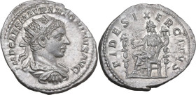 Elagabalus (218-222). AR Antoninianus, Rome mint, 218-222. Obv. IMP CAES M AVR ANTONINVS AVG. Radiate and draped bust right. Rev. FIDES EXERCITVS. Fid...